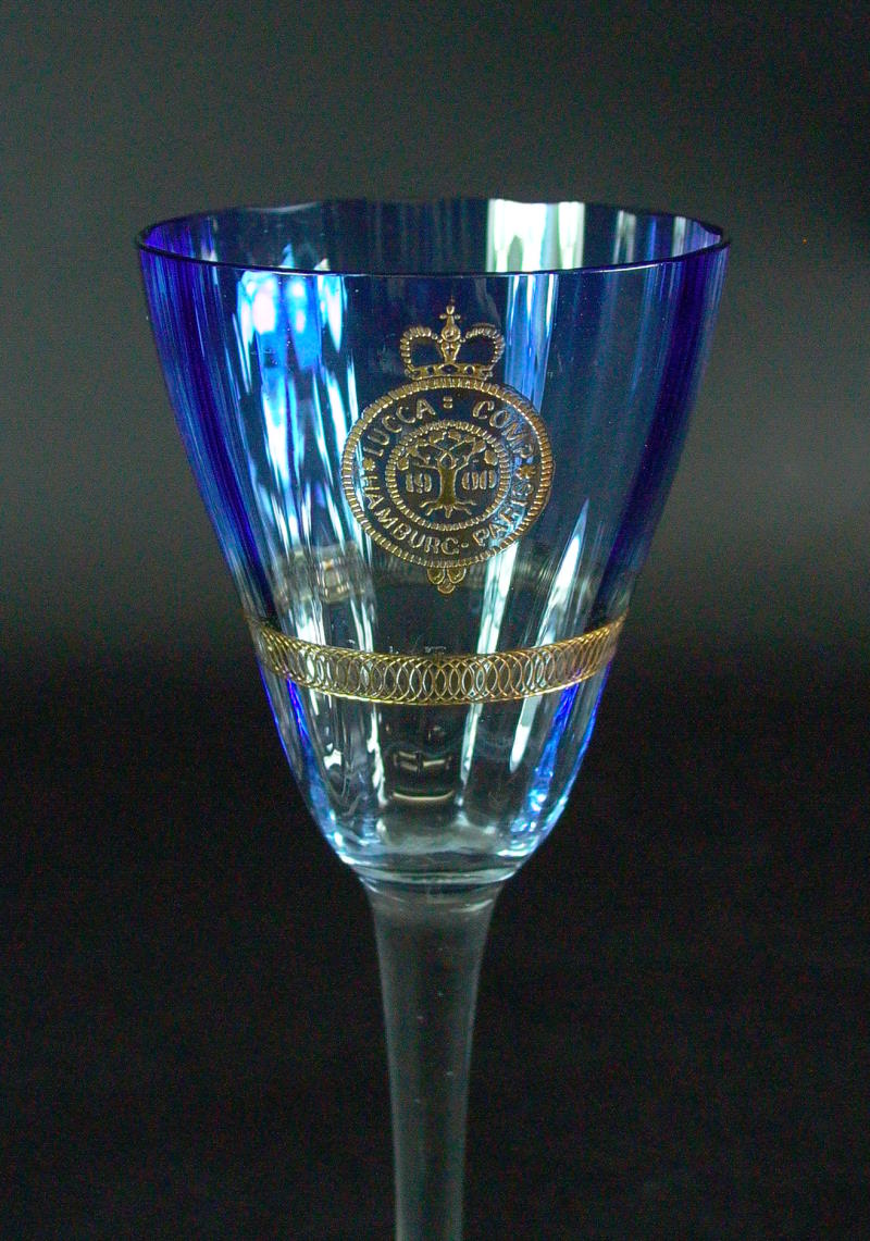 Jugendstil Stengelglas in blau   LUCCA LIQUEUR   entwurf Kolo Moser